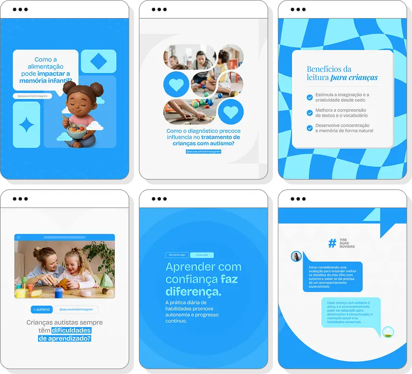 Ideias de post para autismo com pack de conteúdo para Instagram sobre inclusão e desenvolvimento