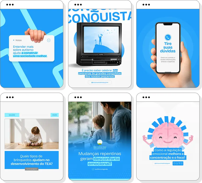 Pack Canva autismo com posts para Instagram de conscientização e apoio às famílias