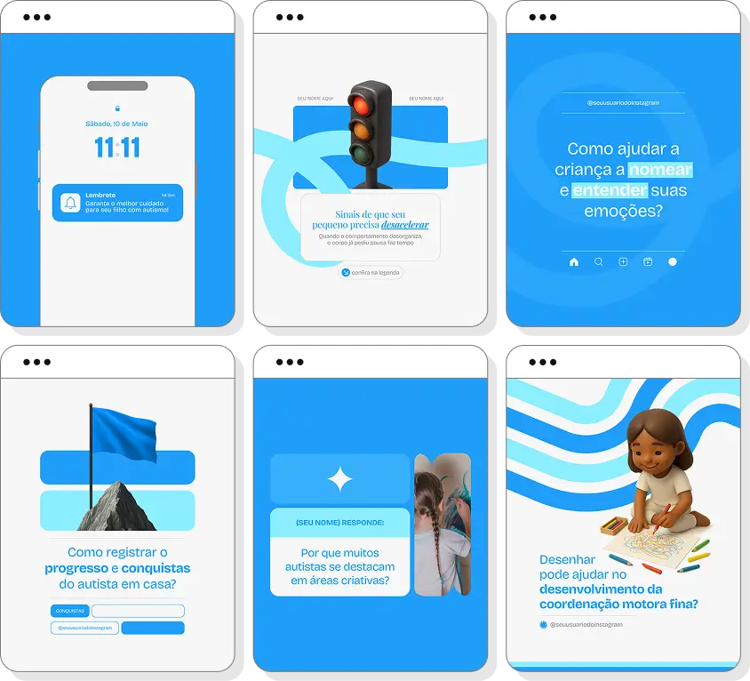 Pack de posts editáveis autismo com Instagram de acolhimento e conscientização sobre autismo