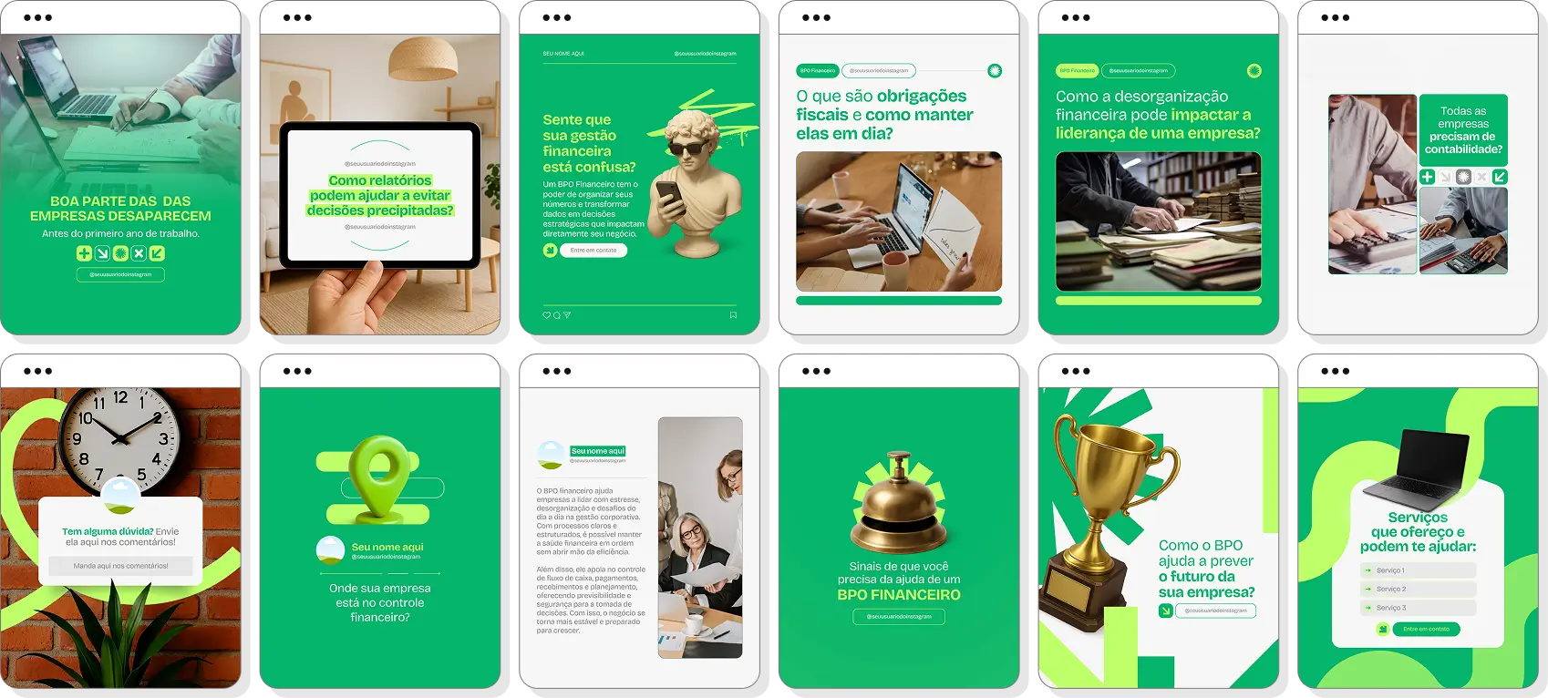Pack de posts editáveis para Instagram BPO financeiro com foco em finanças e controle empresarial