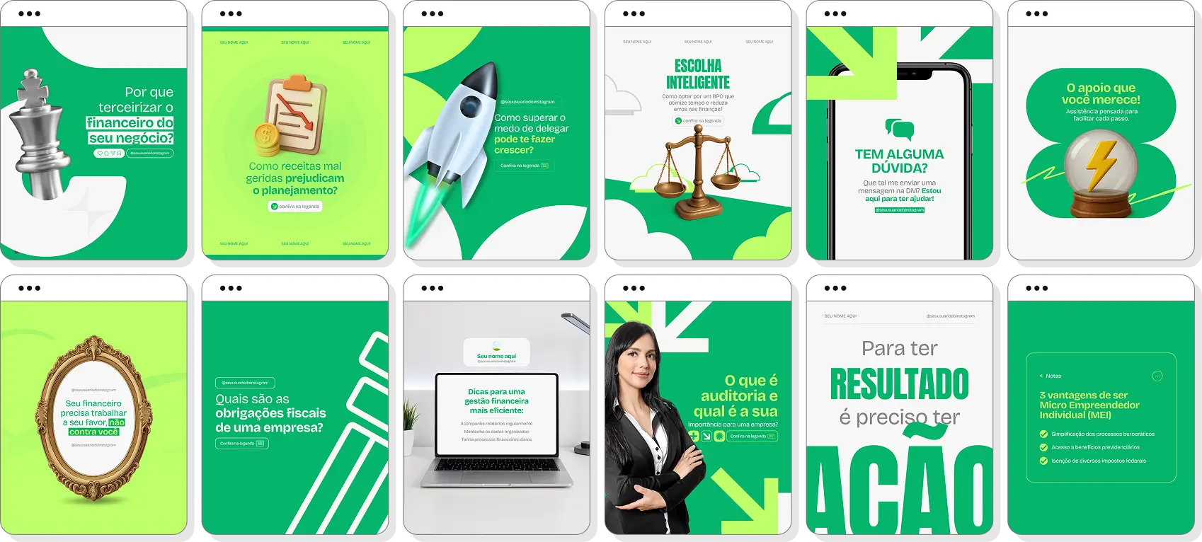 Posts para BPO financeiro com pack de conteúdo editável no Canva para Instagram de gestão financeira