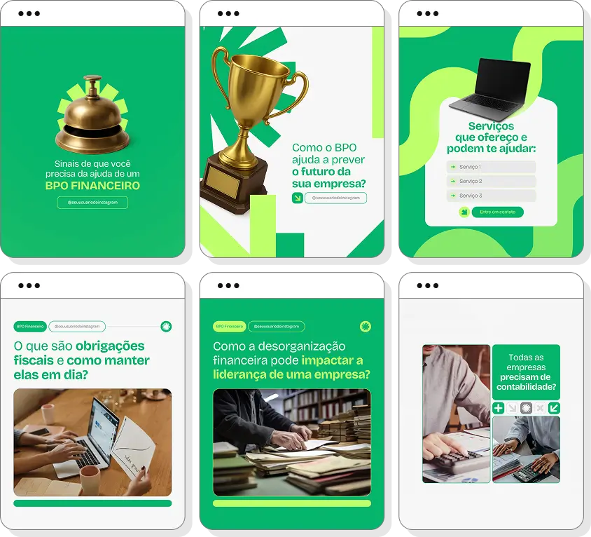 Ideias de post para BPO financeiro com pack de conteúdo para Instagram sobre gestão financeira empresarial