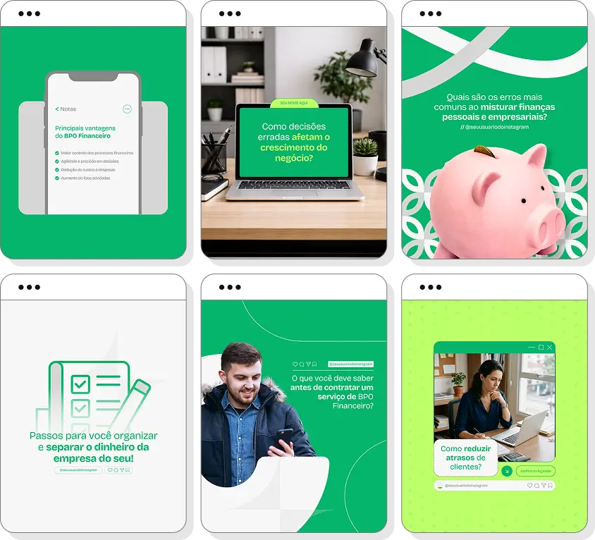 Pack Canva BPO financeiro com posts para Instagram de terceirização financeira e controle de caixa