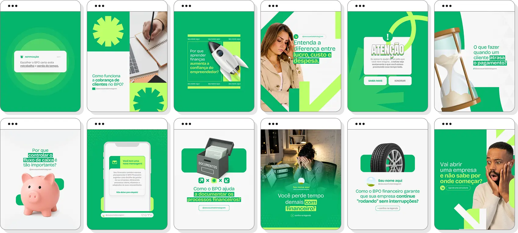 Pack de posts BPO financeiro com conteúdo para Instagram de controle financeiro e gestão empresarial
