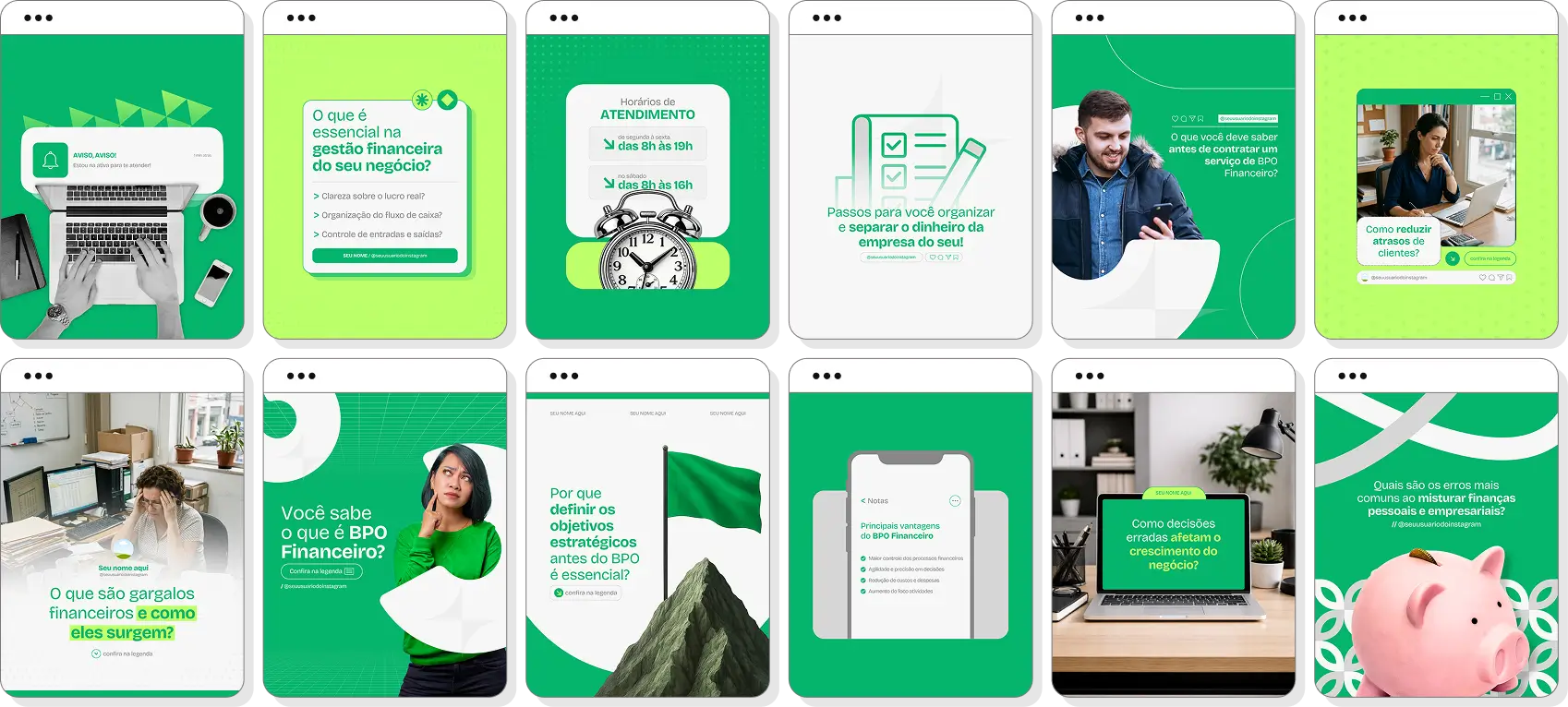 Social media BPO financeiro com templates para Instagram de organização financeira e fluxo de caixa