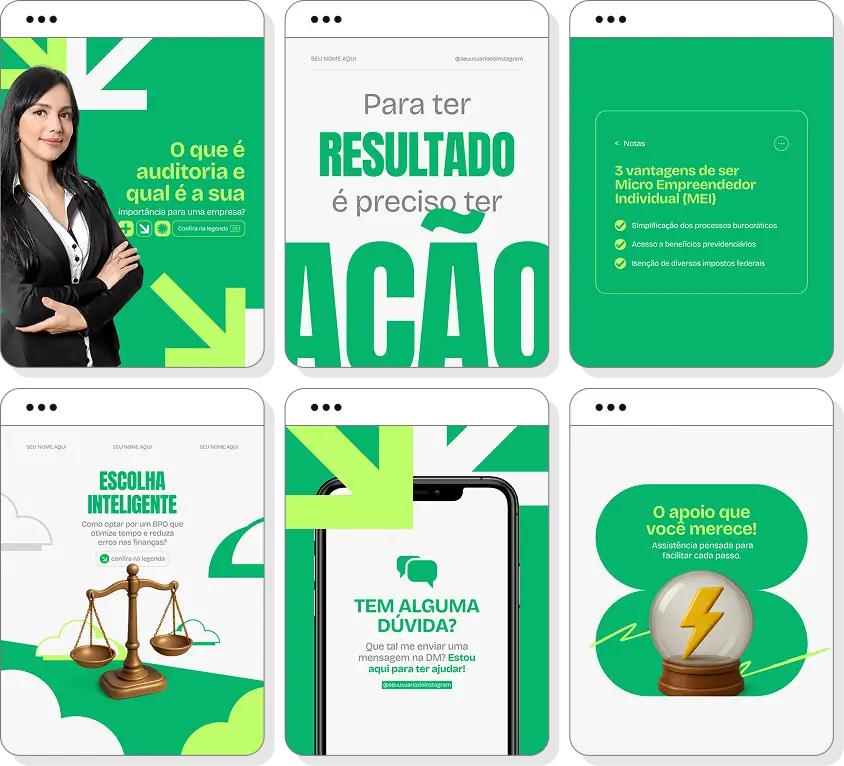 Pack de BPO financeiro com conteúdos editáveis para Instagram de finanças empresariais e gestão financeira