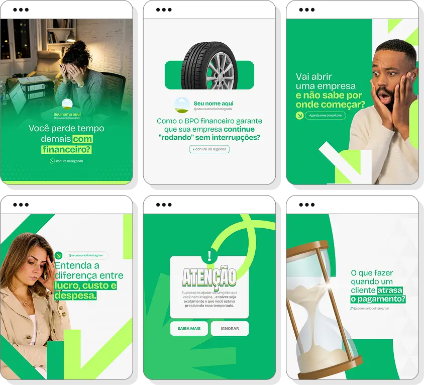 Pack Canva BPO financeiro com posts para Instagram de controle financeiro e tomada de decisão empresarial