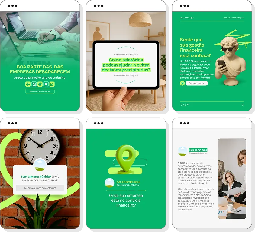 Social media para BPO financeiro com pack de posts editáveis no Canva para Instagram profissional