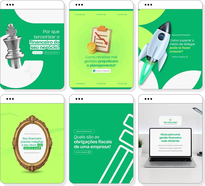 Pack de posts para BPO financeiro com ideias de conteúdo para Instagram de finanças e produtividade
