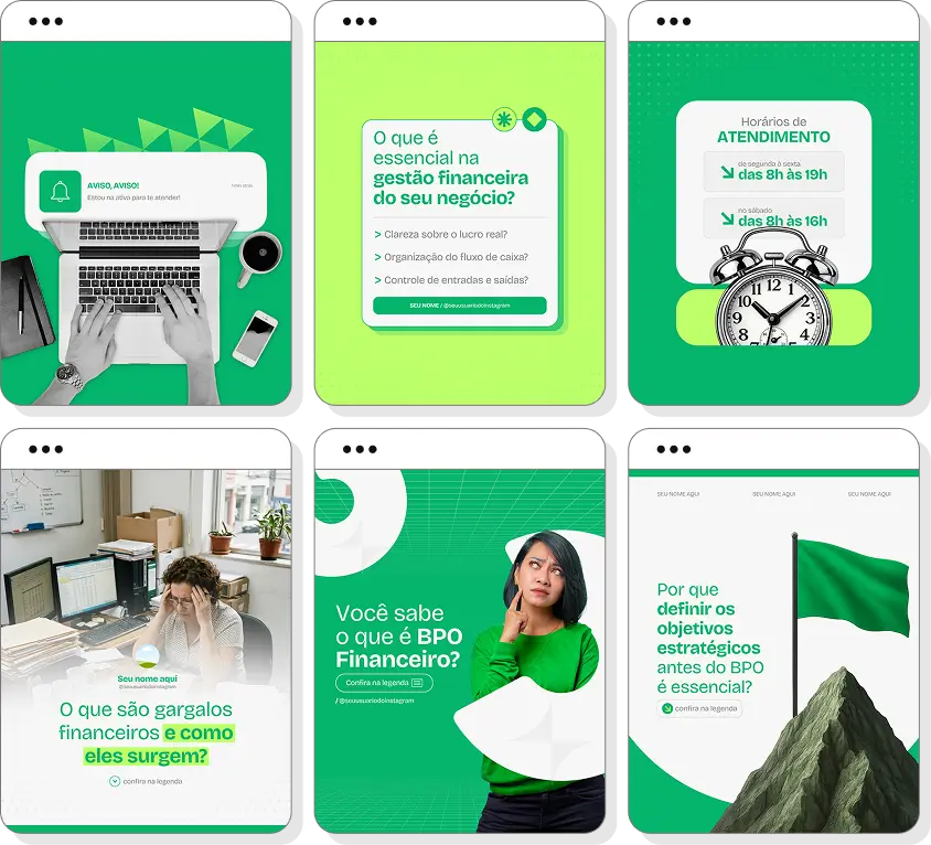 Posts para Instagram BPO financeiro com pack de templates Canva para consultoria e gestão financeira