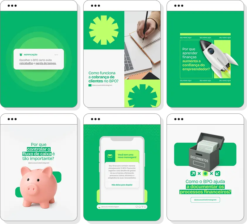 Pack social media BPO financeiro com templates para Instagram de fluxo de caixa e gestão financeira