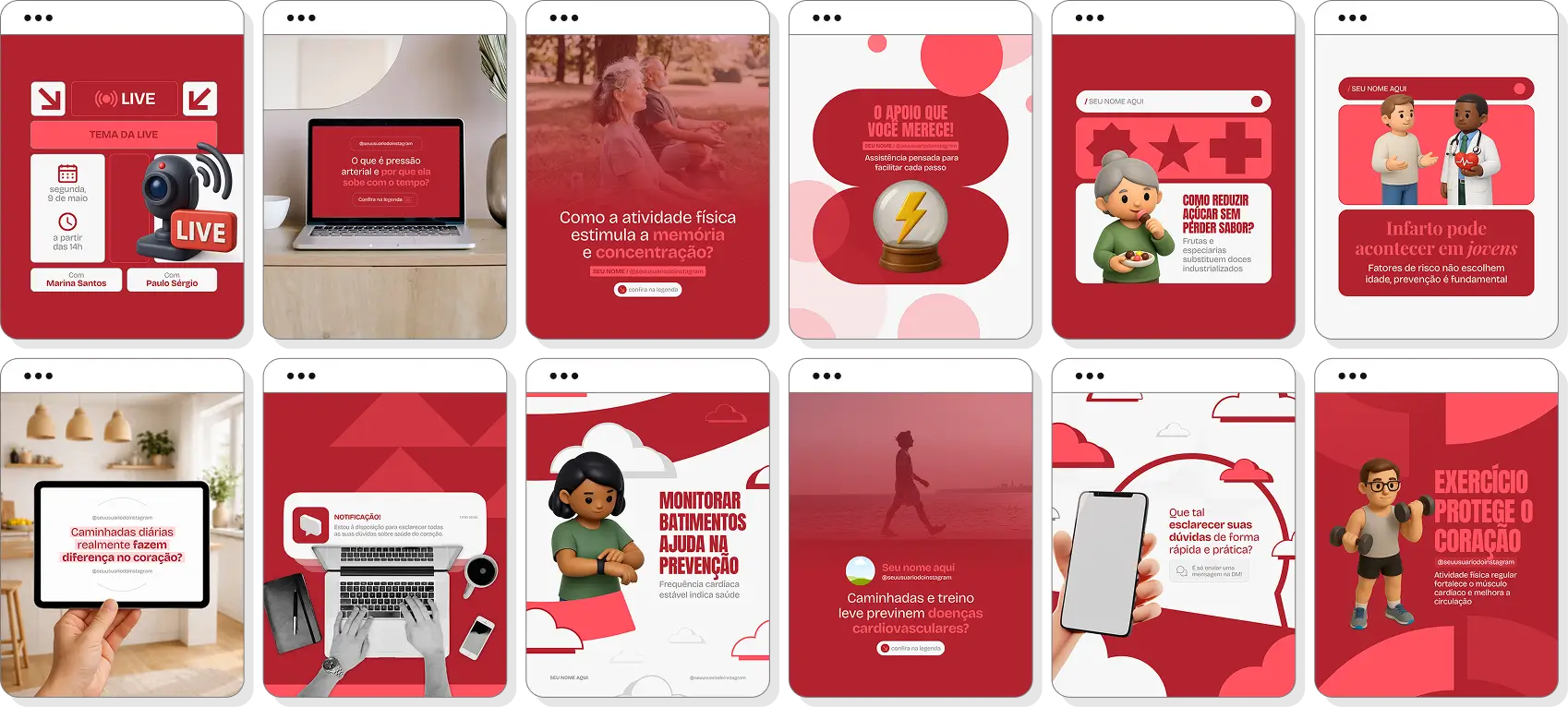 Pack de cardiologista com conteúdos editáveis para Instagram de prevenção e cuidados cardíacos