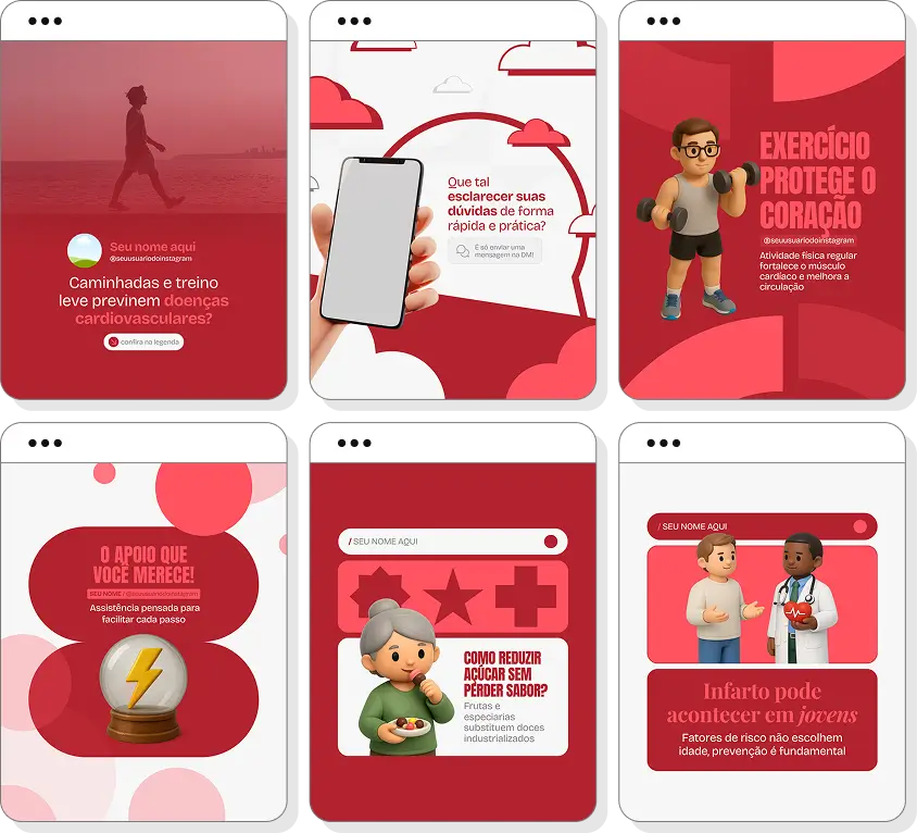 Social media cardiologista com pack de posts para Instagram de saúde do coração e bem-estar cardiovascular