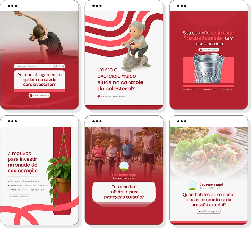 Pack Canva cardiologista com ideias de posts para perfil de Instagram sobre cardiologia e prevenção