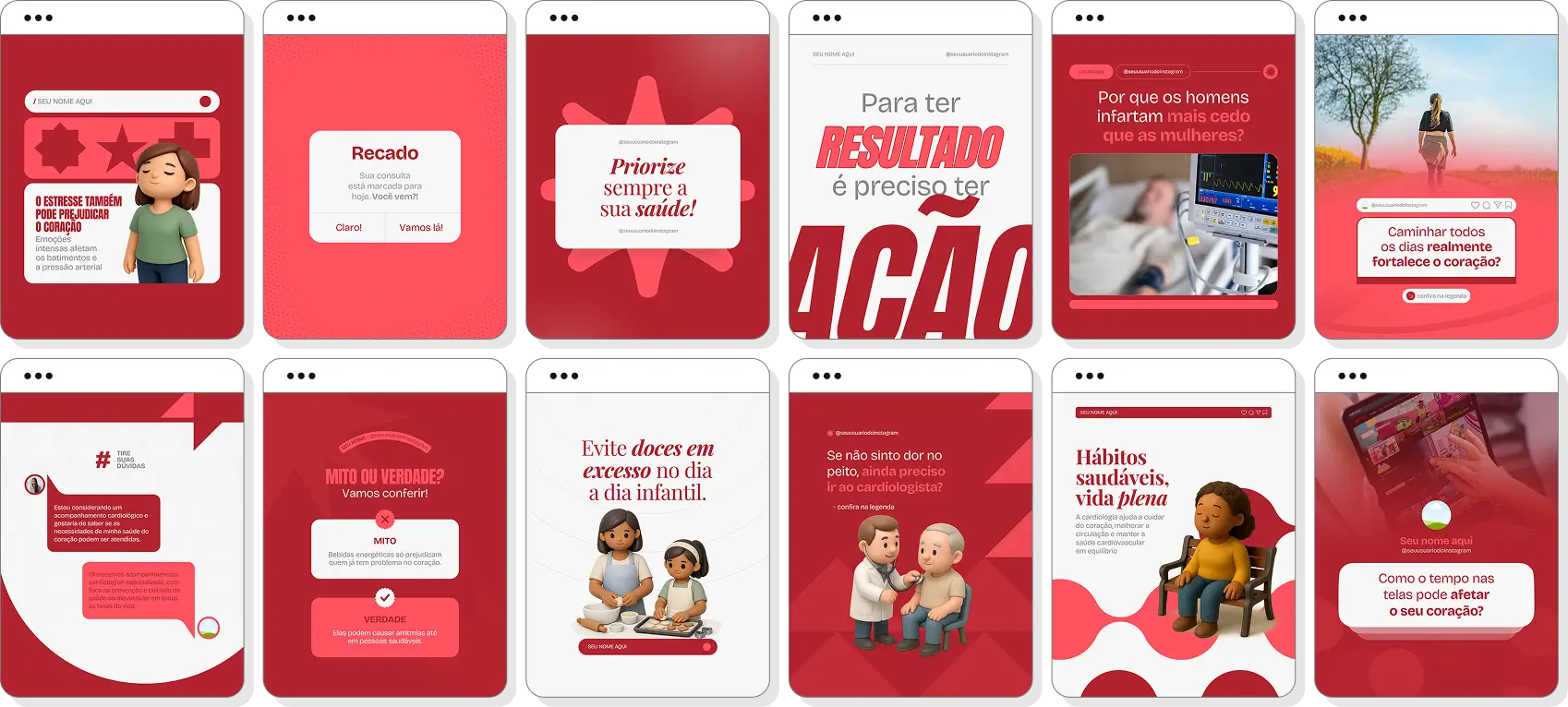 Pack Canva cardiologista com posts para Instagram de pressão arterial e saúde do coração