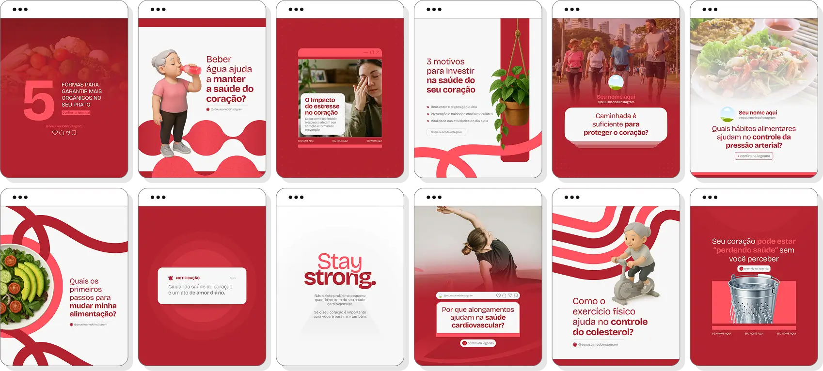 Social media para cardiologista com pack de posts editáveis no Canva para Instagram profissional