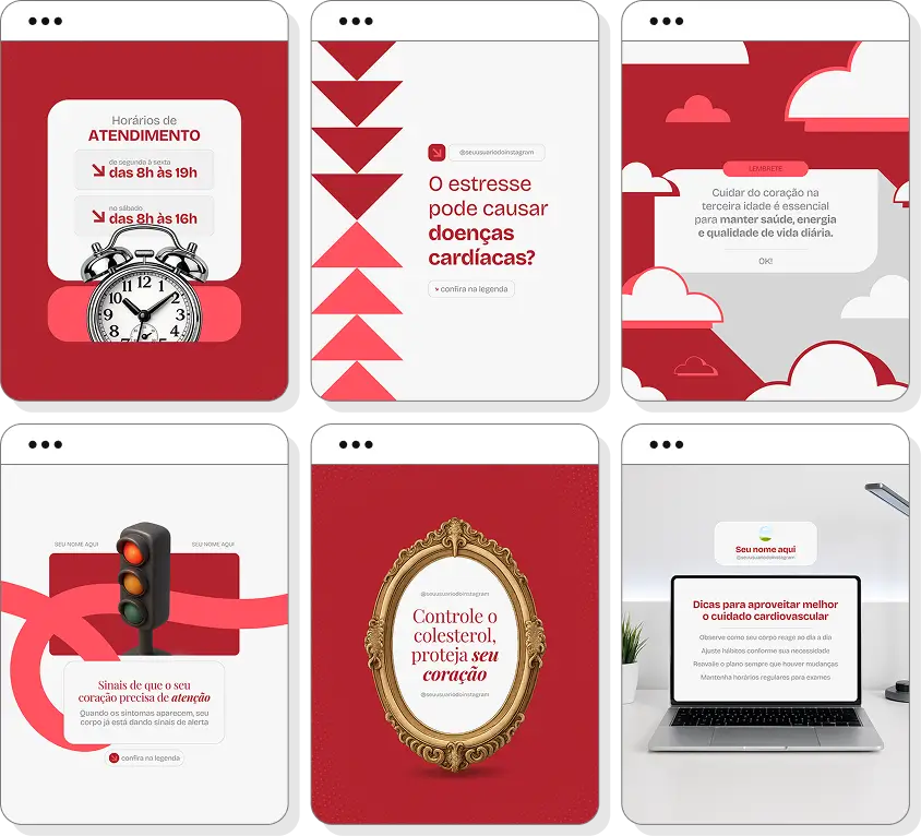 Pack social media cardiologista com conteúdos para Instagram de cardiologia e qualidade de vida