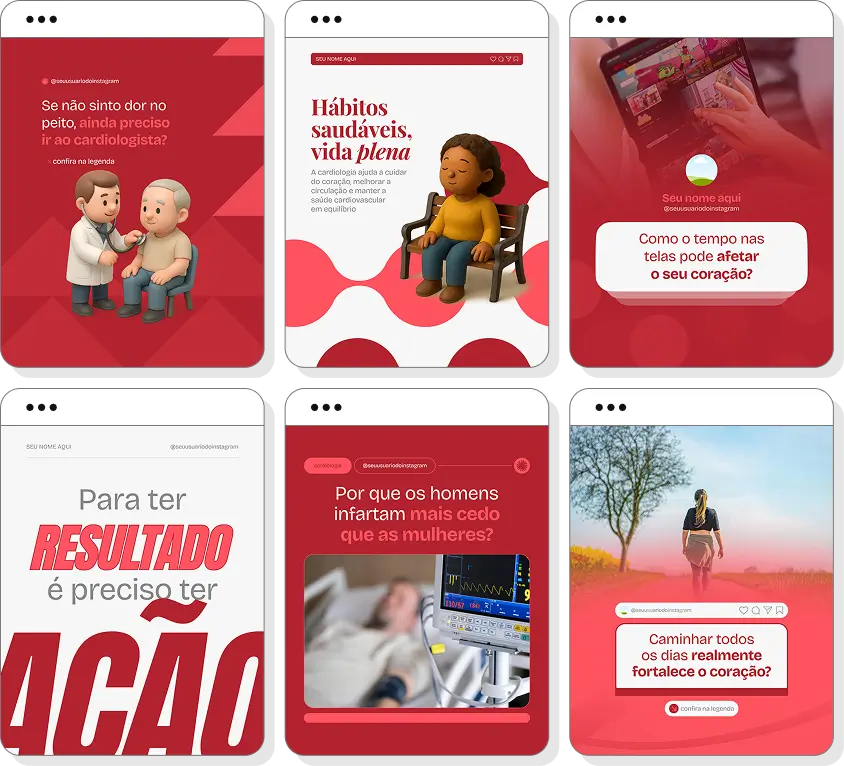 Pack de posts para cardiologista com templates no Canva para Instagram sobre saúde do coração e prevenção cardíaca