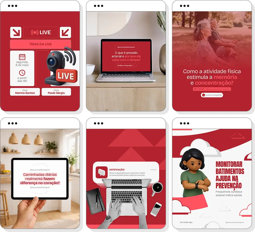 Pack de posts editáveis cardiologista com foco em cardiologia preventiva e saúde cardiovascular