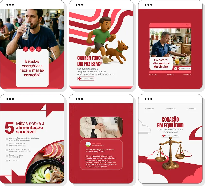 Pack de posts para Instagram cardiologista com artes editáveis sobre prevenção e saúde cardíaca