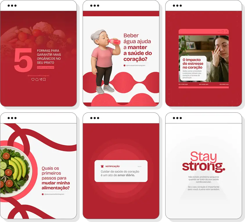 Pack Canva cardiologista com posts para Instagram de saúde cardiovascular e hábitos saudáveis
