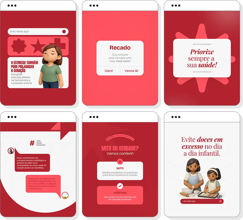 Posts para perfil de cardiologista no Instagram com templates Canva sobre saúde cardiovascular e coração