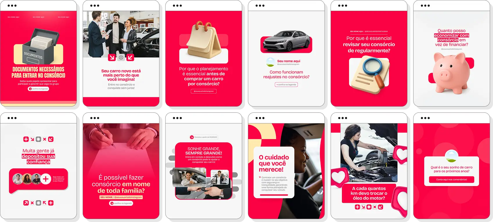 Pack Canva consórcio de carros com artes para Instagram de compra planejada de veículos