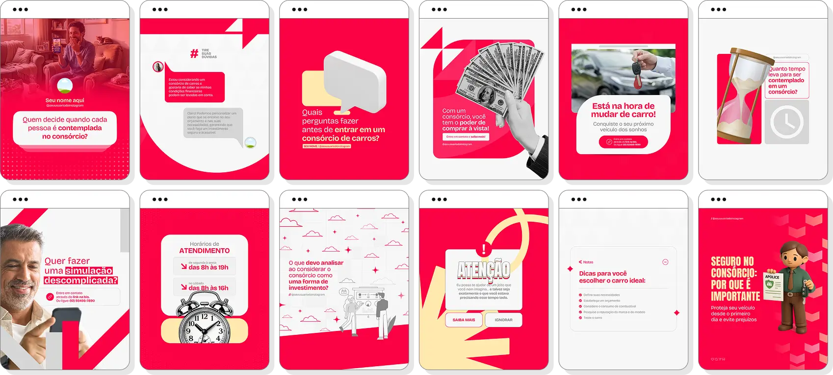 Pack de posts consórcio de carros com conteúdo para Instagram de automóveis e compra planejada