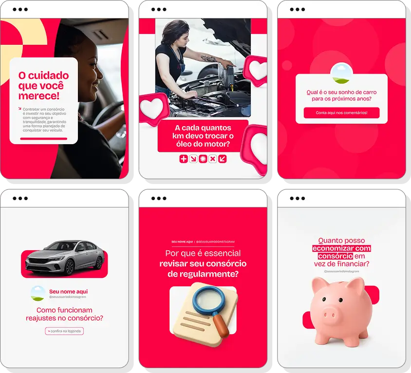 Ideias de post para consórcio de carros com pack de conteúdo para Instagram sobre compra de veículos