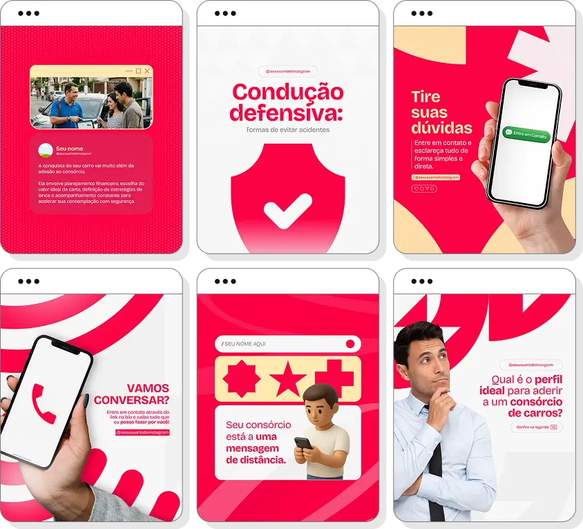 Pack Canva consórcio de carros com posts para Instagram de automóveis e planejamento financeiro