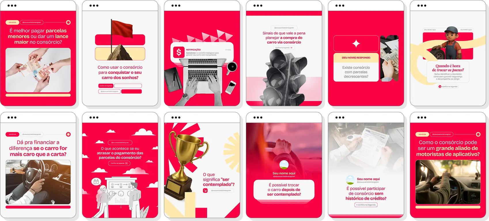 Social media consórcio de carros com templates para Instagram de veículos e cartas de crédito