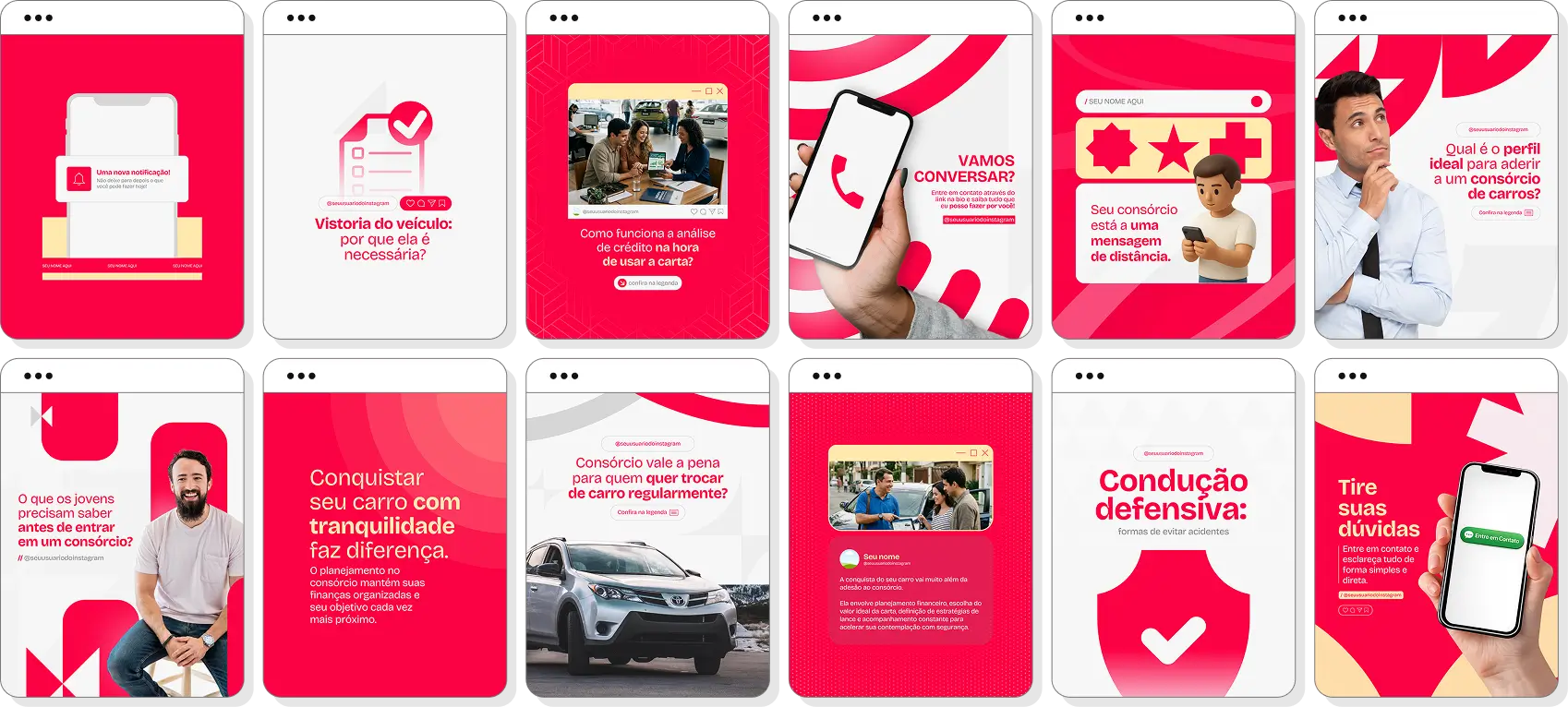 Pack Canva consórcio de carros com conteúdos editáveis para social media de automóveis e consórcios