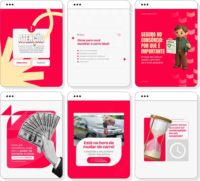Pack de posts editáveis consórcio de carros com Instagram de automóveis e crédito planejado