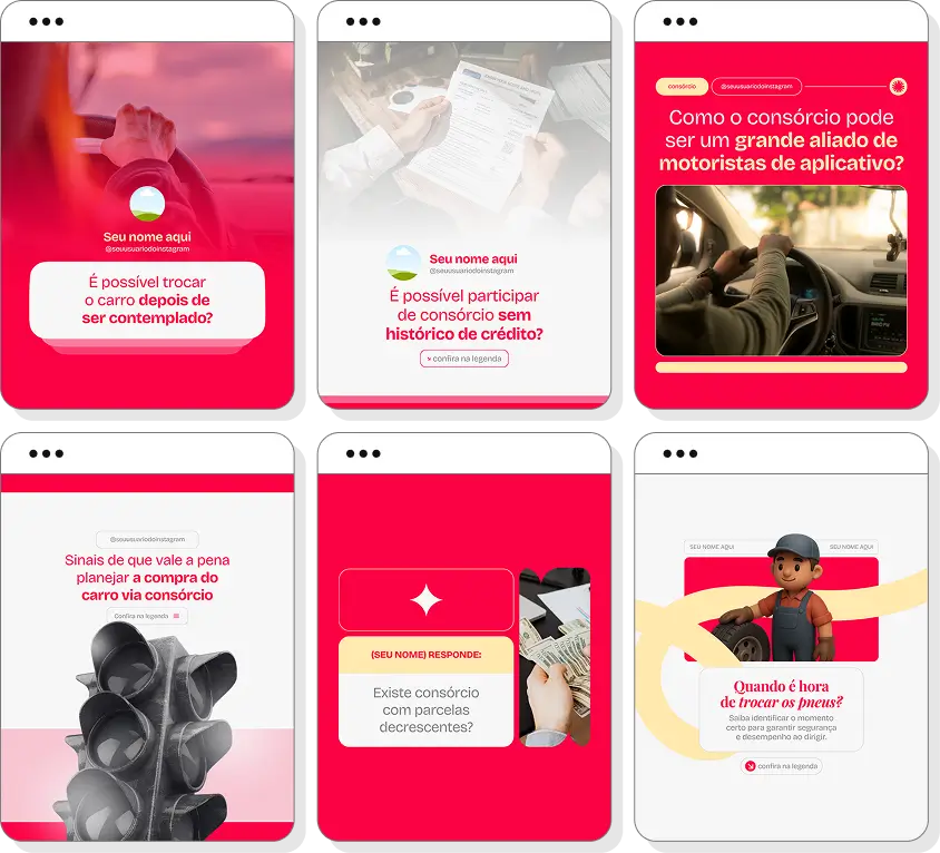 Social media para consórcio de carros com pack de posts editáveis no Canva para Instagram profissional