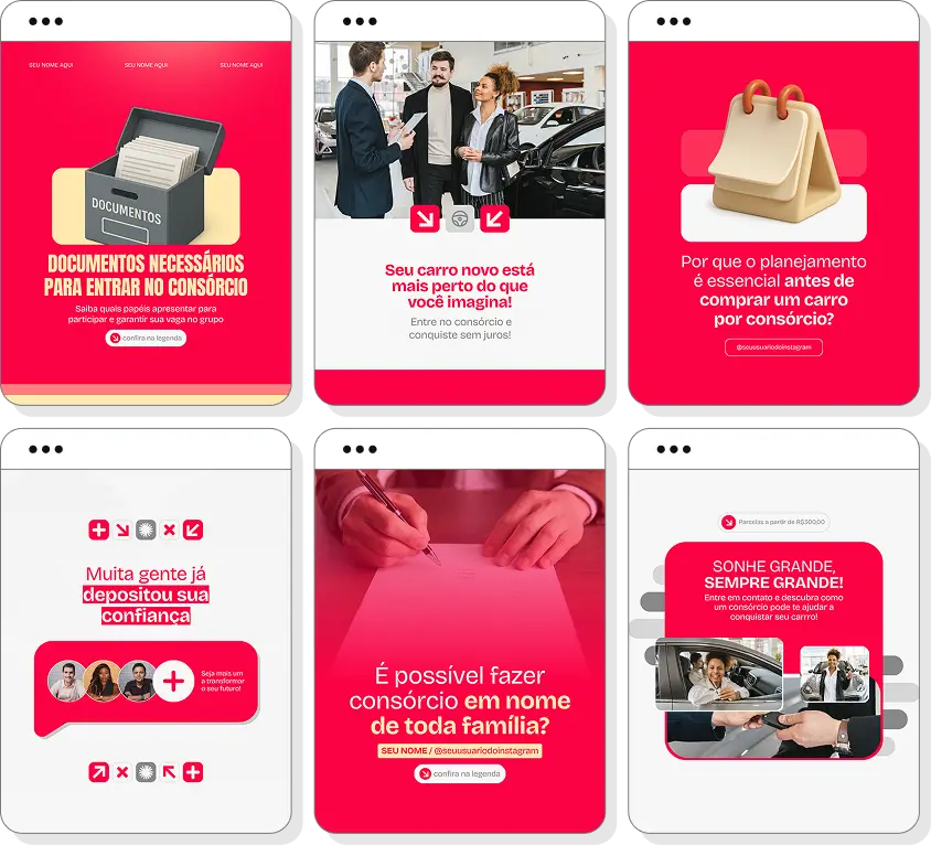 Pack Canva consórcio de carros com posts para Instagram de cartas de crédito e compra de automóveis