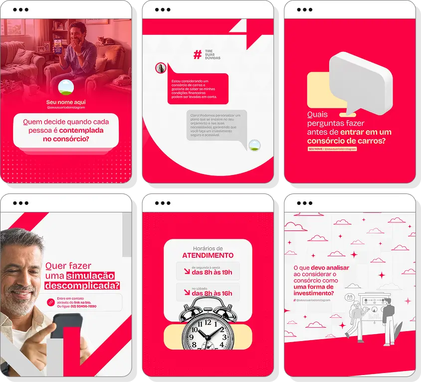 Pack de posts para consórcio de carros com ideias de conteúdo para Instagram de veículos e crédito