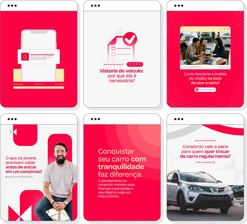 Posts para Instagram consórcio de carros com pack de templates Canva para divulgação de consórcios