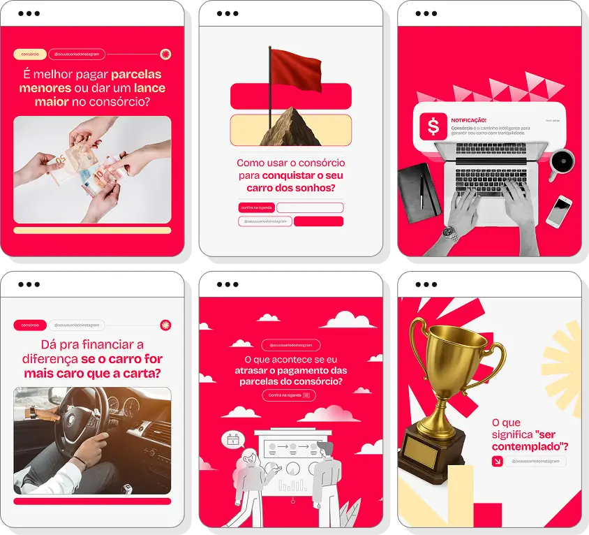 Pack social media consórcio de carros com templates para Instagram de automóveis e planejamento
