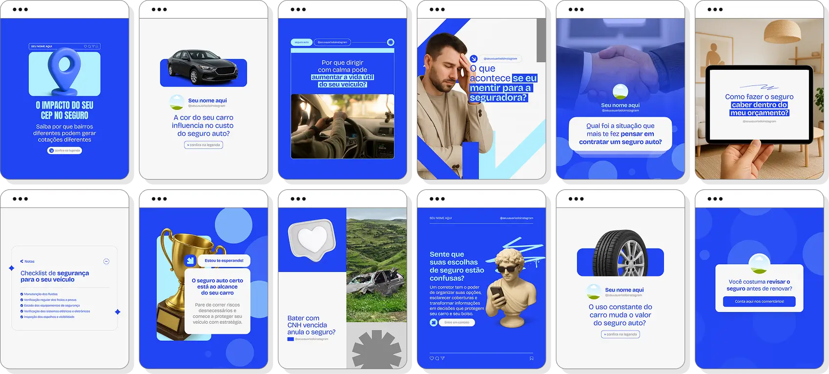Pack de corretor de seguro auto com conteúdos editáveis para Instagram de seguros e veículos