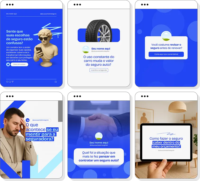 Social media corretor de seguro auto com pack de posts para Instagram de seguros e proteção de veículos