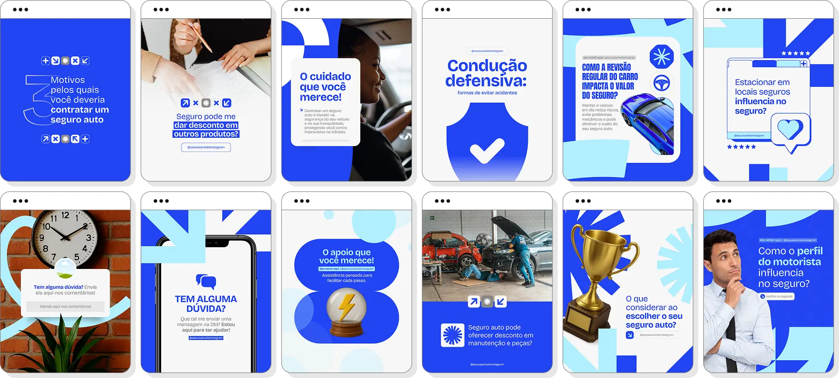Pack social media corretor de seguro auto com templates para Instagram de veículos e proteção financeira