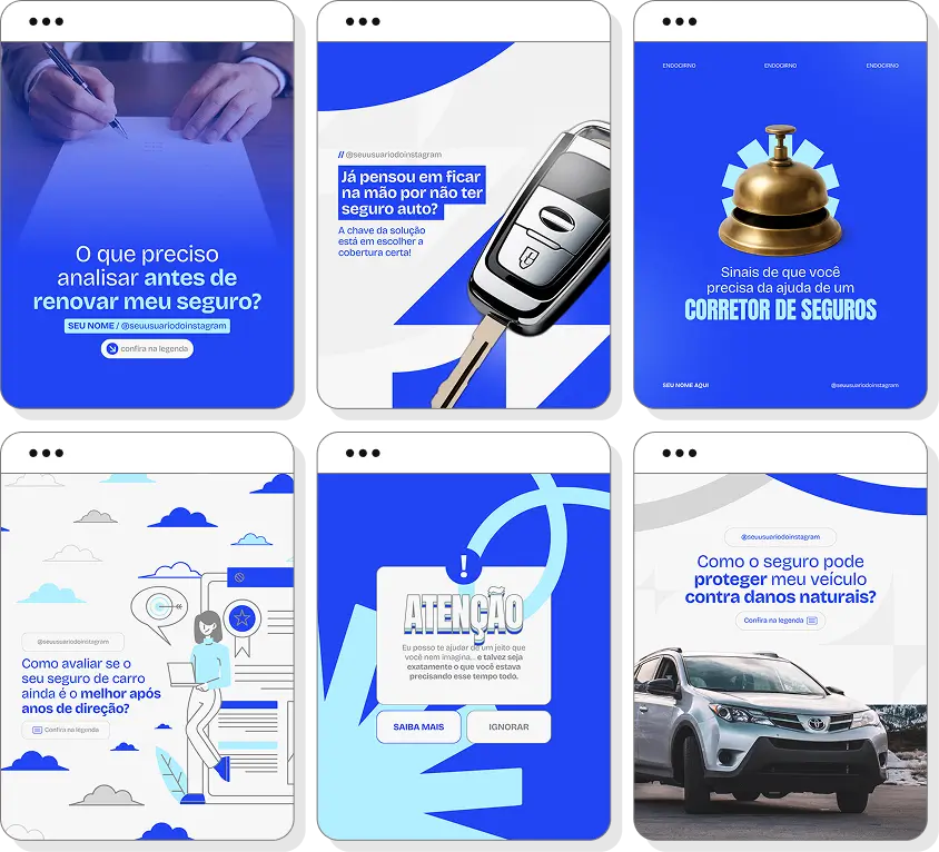 Posts para perfil de corretor de seguro auto no Instagram com templates Canva sobre proteção automotiva
