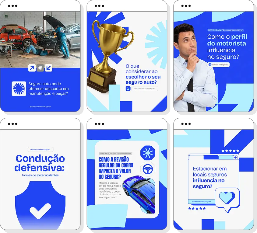 Pack de posts para Instagram corretor de seguro auto com artes editáveis sobre seguros e veículos