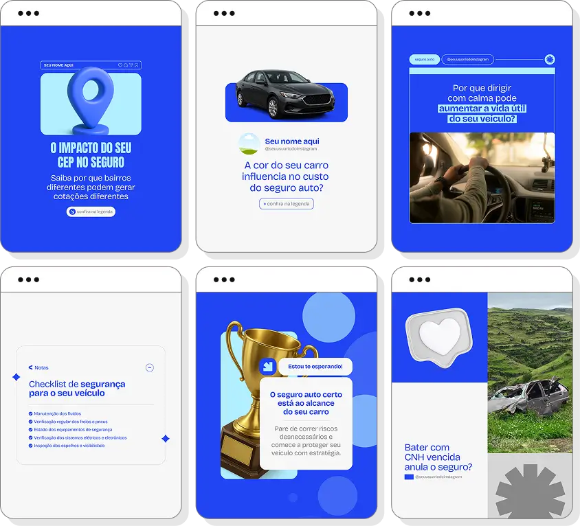 Pack social media corretor de seguro auto com conteúdos para Instagram de seguros e proteção veicular