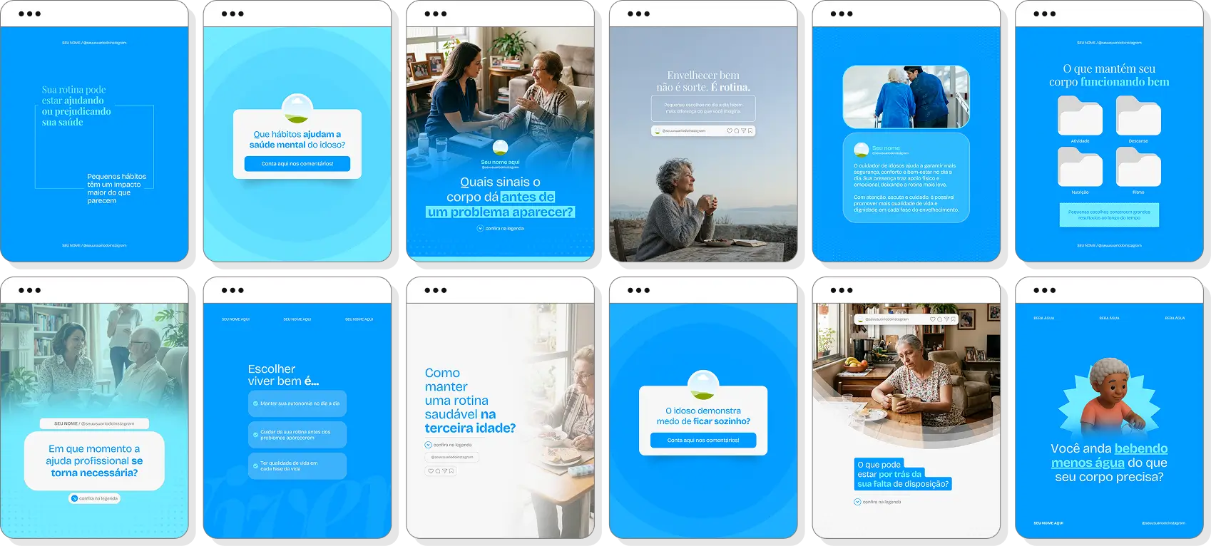 Pack de posts editáveis cuidador de idosos com Instagram de acolhimento e cuidados personalizados