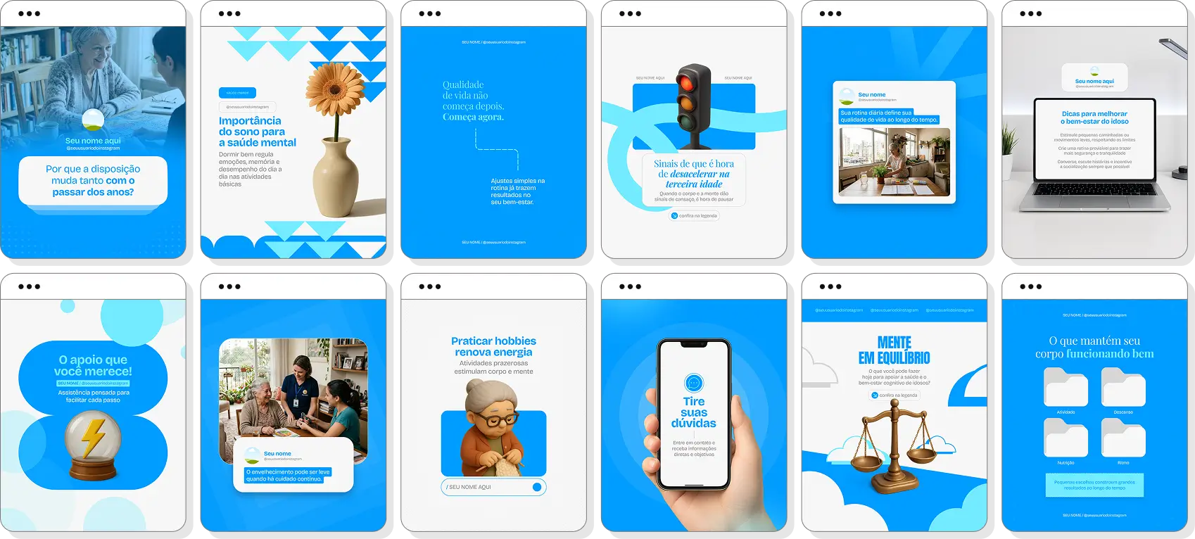 Ideias de post para cuidador de idosos com pack de conteúdo para Instagram sobre terceira idade