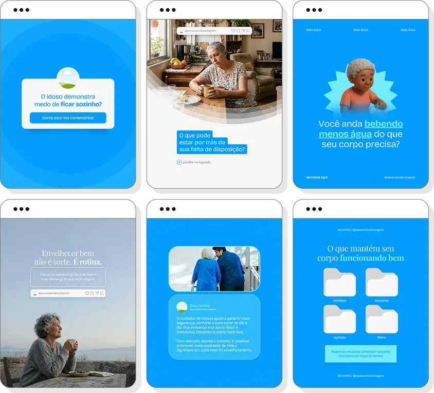 Pack de posts para cuidador de idosos com templates no Canva para Instagram sobre cuidados e bem-estar na terceira idade
