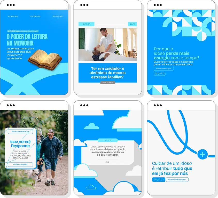 Social media cuidador de idosos com pack de posts para Instagram de qualidade de vida e acolhimento