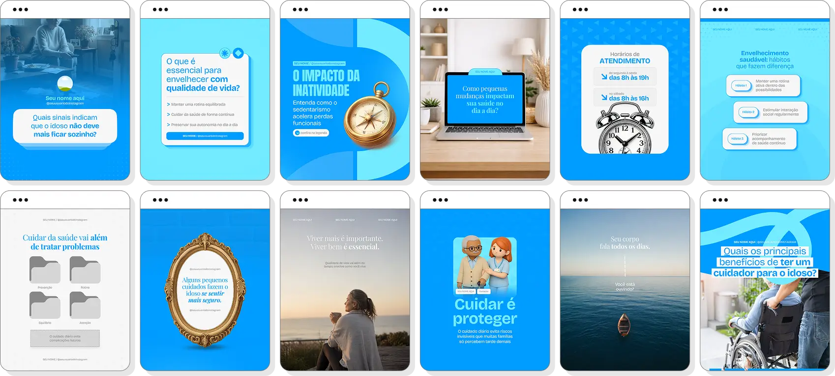 Social media para cuidador de idosos com pack de posts editáveis no Canva para Instagram profissional
