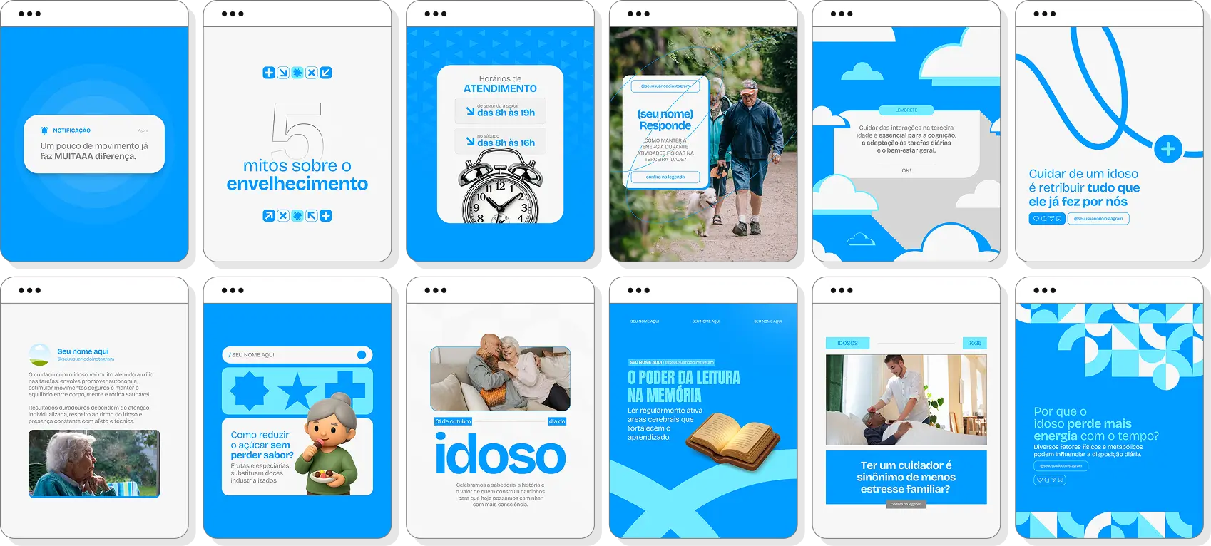 Pack Canva cuidador de idosos com posts para Instagram de qualidade de vida e envelhecimento saudável